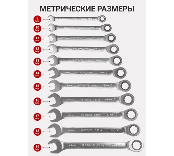 Набор ключей PATRON комбинированных трещоточных 11пр, в пластиковом держателе P-51112(47405)