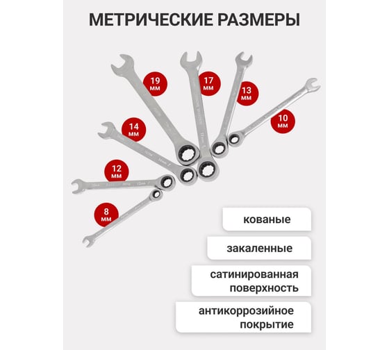 Набор ключей PATRON комбинированных трещоточных 7пр в пластиковом держателе P-51072(47401)