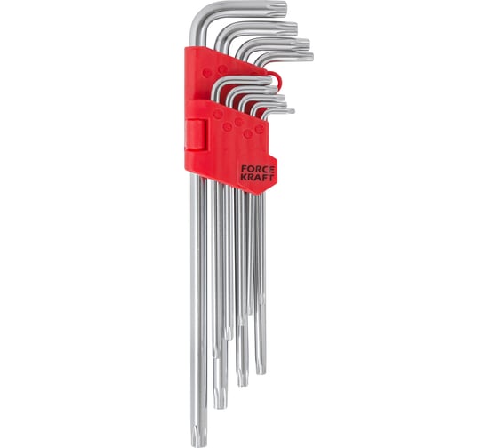 Набор Г-образных экстра длинных ключей TORX c отверстием FORCEKRAFT CrV, Т10, 15, 20, 25, 27, 30, 40, 45, Т50, 9 предметов на пластиковом держателе FK-5098L23(16154)