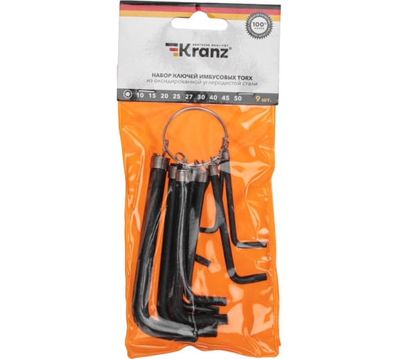 Набор имбусовых ключей TORX Kranz T10-T50, CrV, 9 шт., оксидированные, на кольце KR-12-5203