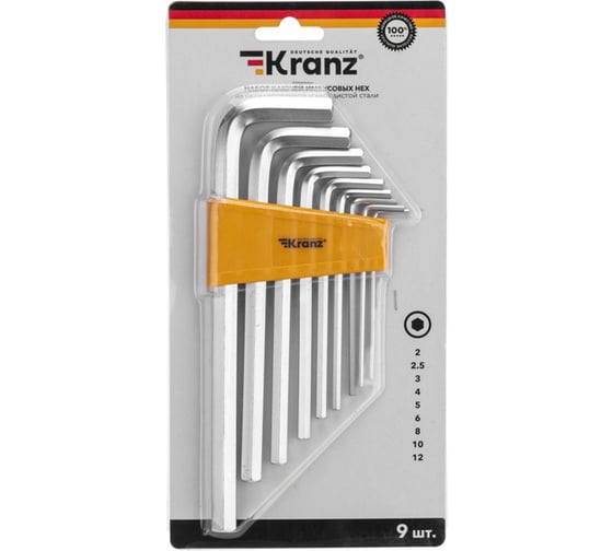 Набор имбусовых ключей HEX Kranz 2.0-12 мм, CrV, 9 шт., удлиненные KR-12-5213