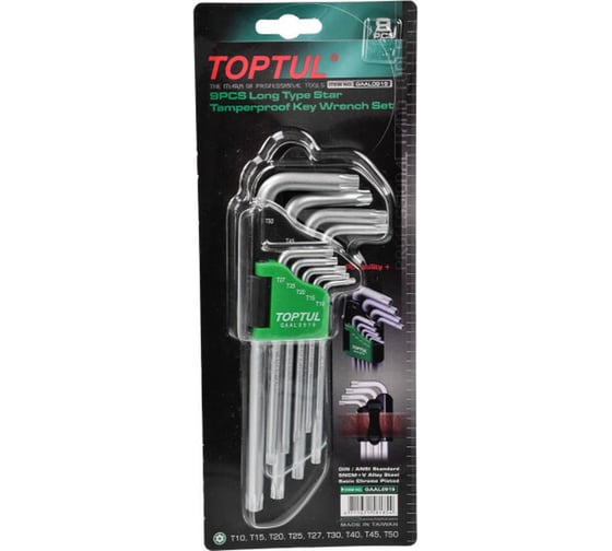 Набор длинных ключей Torx с отверстием TOPTUL T10-Т50, 9 шт. GAAL0919
