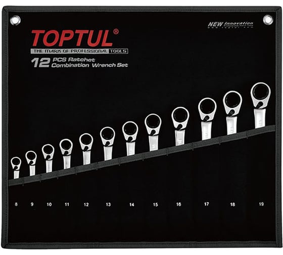 Набор комбинированных ключей с переключаемой трещоткой TOPTUL 8-19 мм, 12 предметов, черное полотно GPAQ1203 1