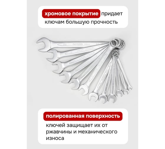 Набор комбинированных ключей PATRON 6, 8, 10, 12, 13, 14, 15, 16, 17, 18, 19, 22 мм, 12 предметов в пластиковом держателе P-5121MP(47408)