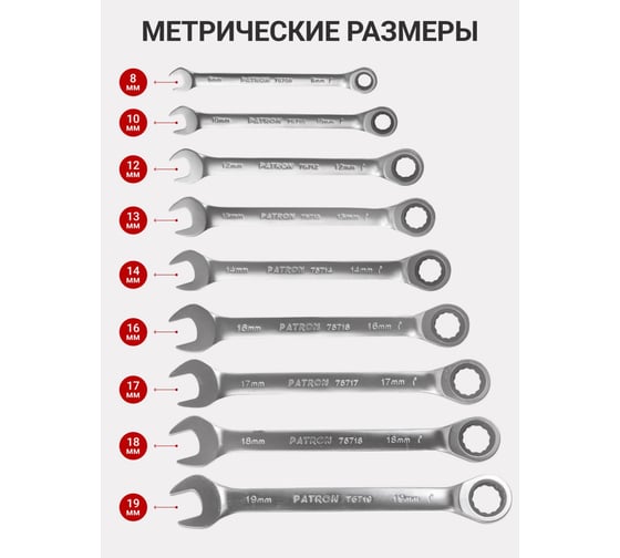 Набор комбинированных трещоточных ключей PATRON 8, 10, 12, 13, 14, 16, 17, 18, 19 мм, 9 предметов в пластиковом держателе P-51092(47403)