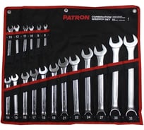 Набор комбинированных ключей PATRON 8, 9, 10, 11, 12, 13, 14, 15, 16, 17, 18, 19, 21, 22, 24, 27, 30, 32 мм, 18 предметов на полотне P-5181(47417)