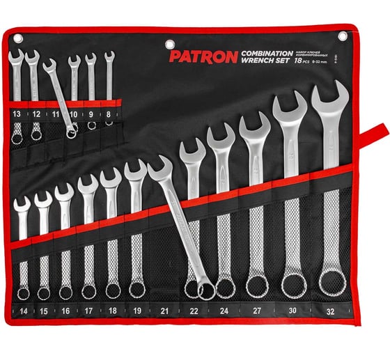 Набор комбинированных ключей PATRON 8, 9, 10, 11, 12, 13, 14, 15, 16, 17, 18, 19, 21, 22, 24, 27, 30, 32 мм, 18 предметов на полотне P-5181(47417)