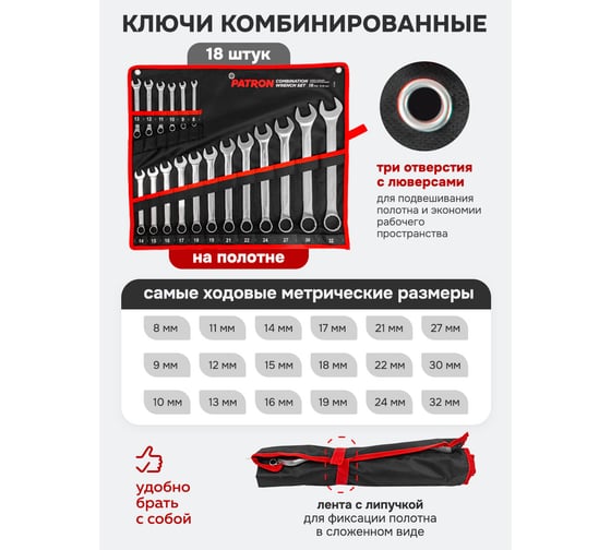 Набор комбинированных ключей PATRON 8, 9, 10, 11, 12, 13, 14, 15, 16, 17, 18, 19, 21, 22, 24, 27, 30, 32 мм, 18 предметов на полотне P-5181(47417)
