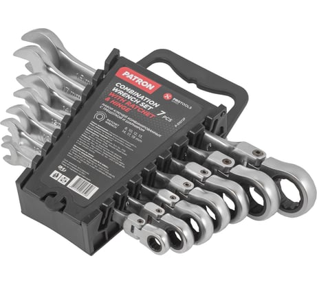 Набор комбинированных трещоточных ключей с шарниром PATRON 8, 10, 12, 13, 14, 17, 19 мм, 7 предметов в пластиковом держателе P-51072F(47402)