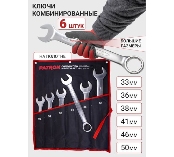 Набор комбинированных ключей PATRON 33, 36, 38, 41, 46, 50 мм, 6 предметов на полотне P-5061P(47393)