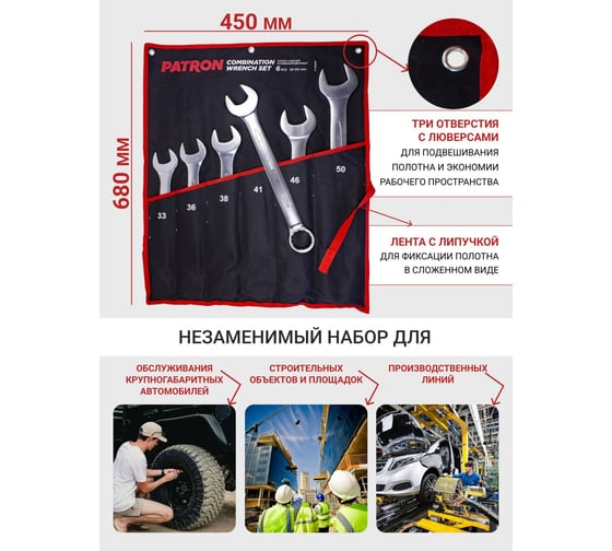 Набор комбинированных ключей PATRON 33, 36, 38, 41, 46, 50 мм, 6 предметов на полотне P-5061P(47393)