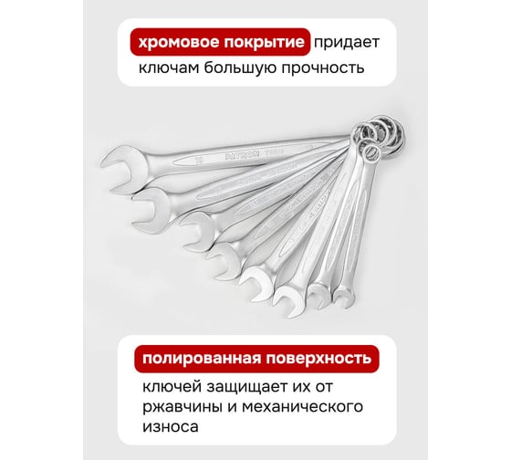 Набор комбинированных ключей PATRON 8, 10, 12, 13, 14, 15, 17, 19 мм, 8 предметов в пластиковом держателе P-5086MP(47398)