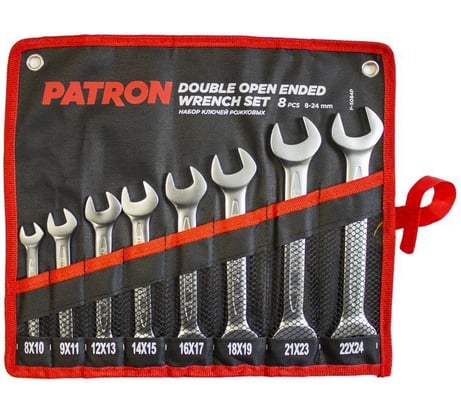 Набор рожковых ключей PATRON 8x10, 9x11, 12x13, 14x15, 16x17, 18x19, 21x23, 22x24 мм, 8 предметов на полотне P-5084P(47386)