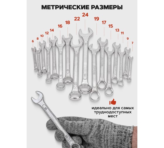 Ключи комбинированные WMC TOOLS 16 предметов, 6-19, 22, 24мм WMC-5161MP DV(58310)