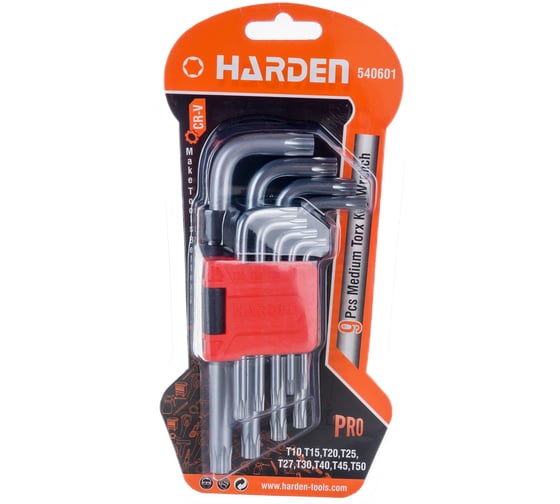 Набор имбусовых ключей HARDEN TORX, CRV, 9шт: T10,T15,T20,T25,T27,T30,T40,T45,T50 540601