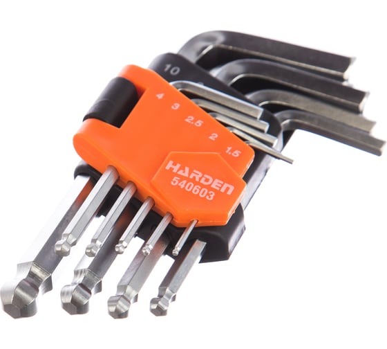 Набор имбусовых ключей HARDEN HEX, 1.5–10 мм, CRV, 9 шт, c шаром 540603