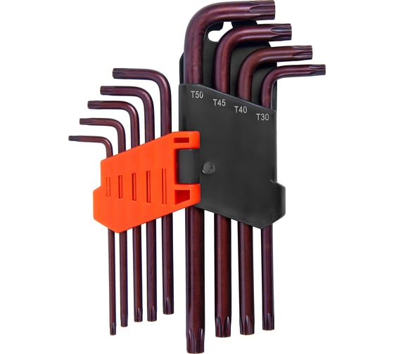 Набор Г-образных ключей AV Steel TORX удлиненных, с отверстием, TН10-TН50 S2, 9 шт AV-368359 1
