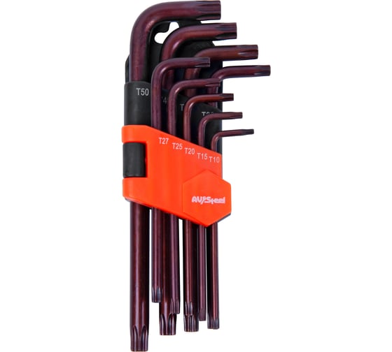 Набор Г-образных ключей AV Steel TORX удлиненных, с отверстием, TН10-TН50 S2, 9 шт AV-368359