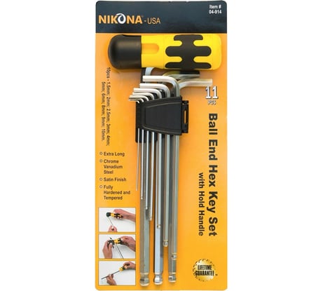 Набор шестигранных ключей NIKONA с Т-образной рукояткой, пластиковый держатель, в блистере, 11шт, 1,5-10мм 04-914