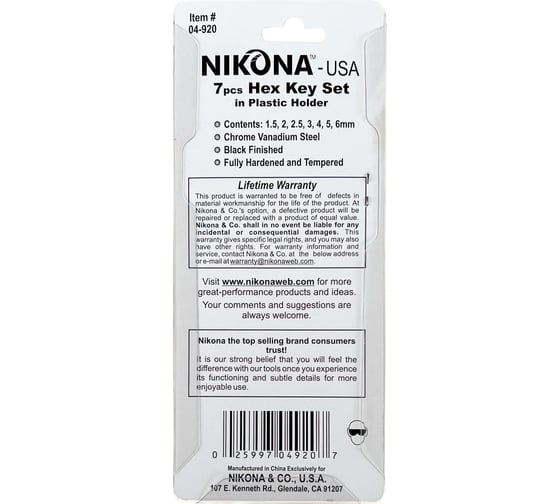 Набор шестигранных ключей NIKONA в футляре, 7шт, 1,5-6мм 04-920