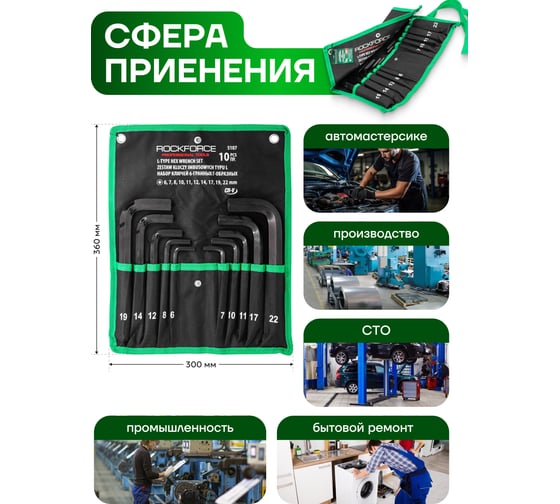 Ключи Rockforce Г-образные 6-гранные (6-8, 10-12, 14, 17, 19 22мм), набор 10пр RF-5107(58808)
