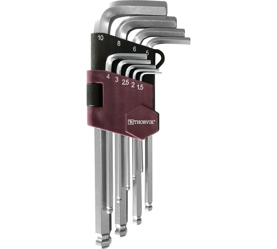 Набор торцевых шестигранных ключей с шаром Thorvik HKB9S H1.5-H10, 9 предметов 53075 1