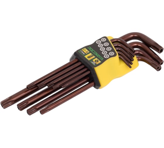 Набор угловых ключей TORX с отверстием РОСОМАХА 9 штук (T10, T15, T20, T25, T27, T30, T40, T45, T50) 900009