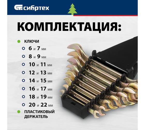Набор рожковых ключей СИБРТЕХ 6-22 мм, желтый цинк, 8 шт. 15280