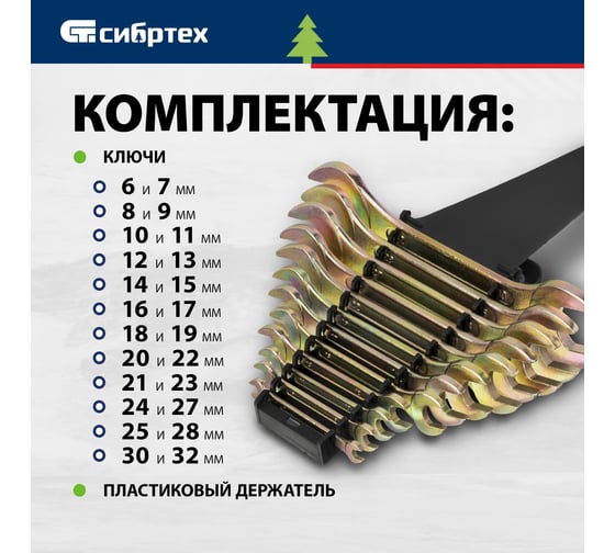 Набор рожковых ключей СИБРТЕХ 6-32 мм, желтый цинк, 12 шт. 15281