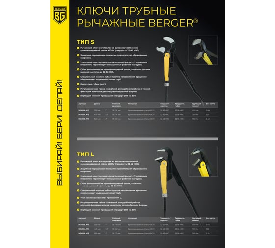 Ключ трубный рычажный Berger BG №3, тип S (изогнутые губки), 2 BG4008