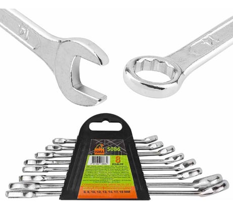 Набор ключей комбинированных ISMA 8пр. (6, 8, 10, 12, 13, 14, 17, 19мм) в пластиковом держателе ISMA-5086(48313)