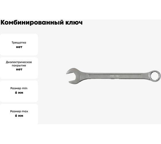 Комбинированный ключ FIT "Хард" CrV сталь, хромированное покрытие 6 мм 63136