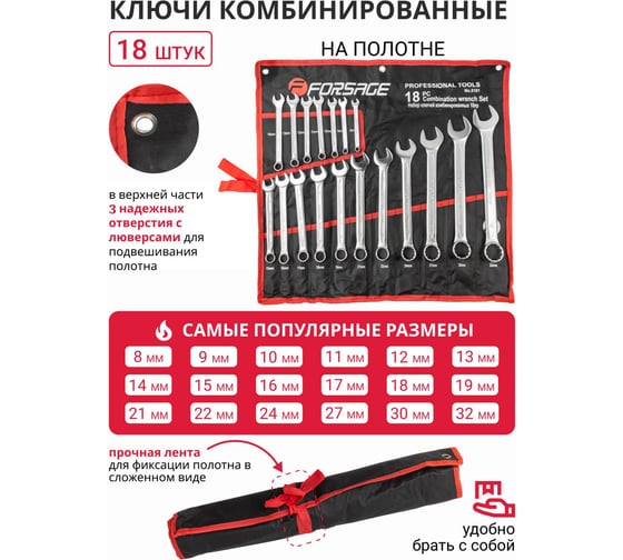 Набор ключей комбинированных Forsage 18 предметов на полотне F-5181P(9664)