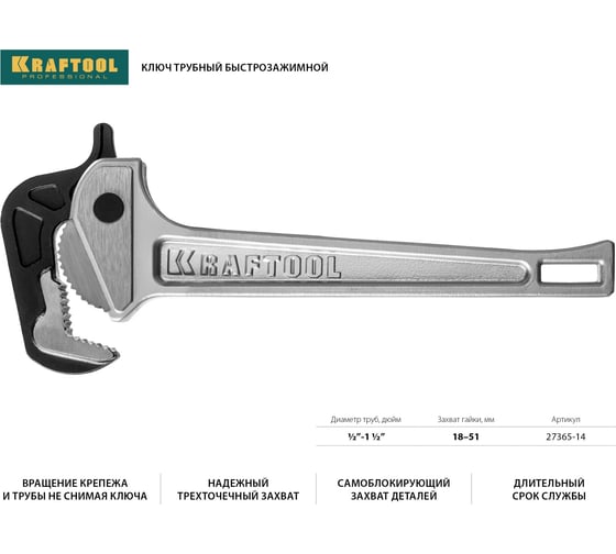 Трубный ключ KRAFTOOL MASTERGRIP быстрозажимной, 1/2-2 27365-14