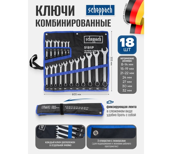 Набор комбинированных ключей Scheppach 8-19, 21, 22, 24, 27, 30, 32 мм, 18 предметов Sch-5181P(59128)