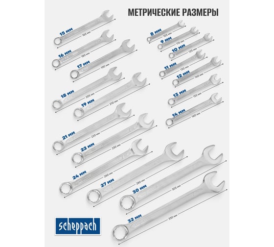 Набор комбинированных ключей Scheppach 8-19, 21, 22, 24, 27, 30, 32 мм, 18 предметов Sch-5181P(59128)