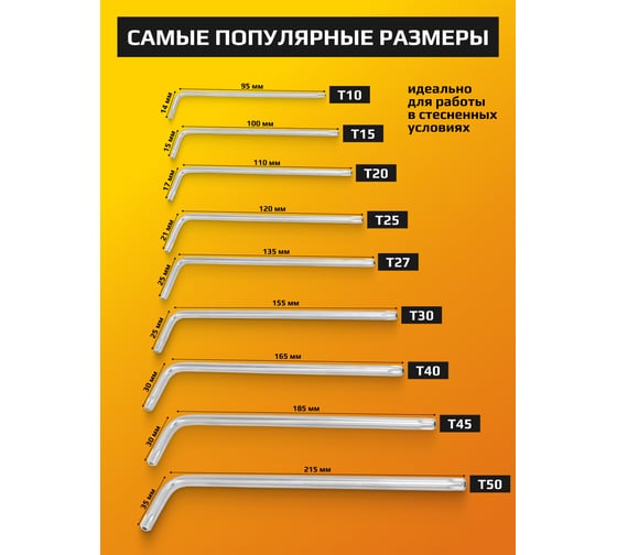 Набор Г-образных экстрадлинных ключей TORX с отверстием JCB Т10Н, Т15Н, Т20Н, Т25Н, Т27Н, Т30Н, Т40Т, Т45Н, Т50Н 9 предметов JCB-5098TXL(59317)
