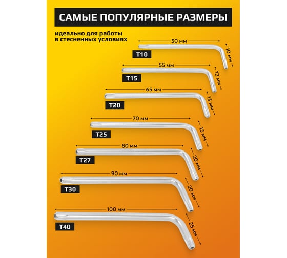 Набор Г-образных ключей TORX с отверстием JCB Т10Н, Т15Н, Т20Н, Т25Н, Т27Н, Т30Н, Т40Н, 7 предметов JCB-5071T(59312)