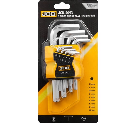 Набор Г-образных 6-гранных ключей JCB 9 пр. (1.5, 2, 2.5, 3-6, 8, 10мм) JCB-5093(59738)