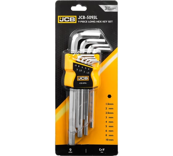 Набор Г-образных 6-гранных длинных ключей JCB 1.5, 2, 2.5, 3-6, 8, 10 мм, 9 предметов JCB-5093L(59739)