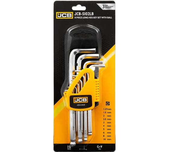 Набор Г-образных 6-гранных длинных ключей с шаром JCB 1.27, 1.5, 2, 2.5, 3-6, 8, 10 мм, 10 предметов JCB-5102LB(59742)