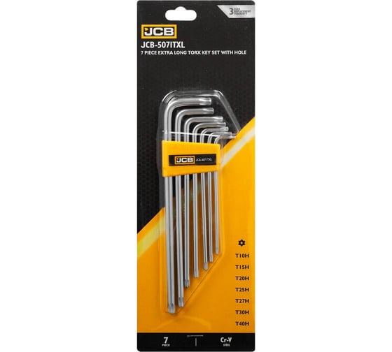 Набор Г-образных экстра длинных ключей TORX JCB 7пр. (Т10Н, Т15Н, Т20Н, Т25Н, Т27Н, Т30Н, Т40Н-с отверстием) JCB-5071TXL(59737)