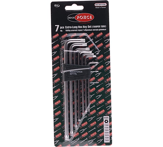 Набор ключей TORX экстрадлинных ключей ROCKFORCE Т10Н-Т40Н с отверстием 7пр. RF-5071TXL