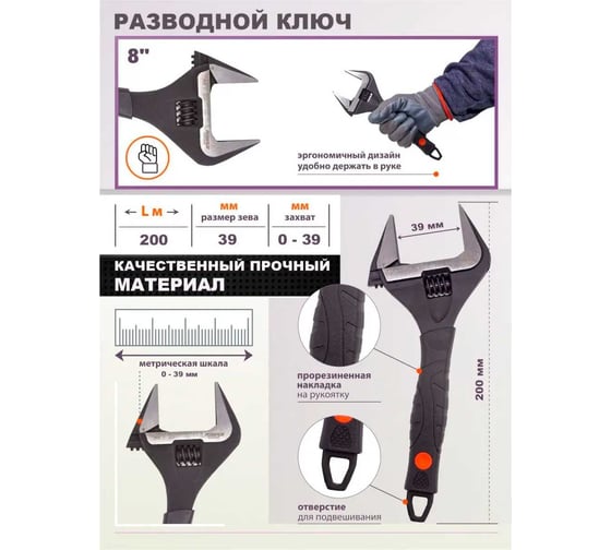 Ключ разводной с прорезиненной рукояткой Rockforce RF-649200C(26293)