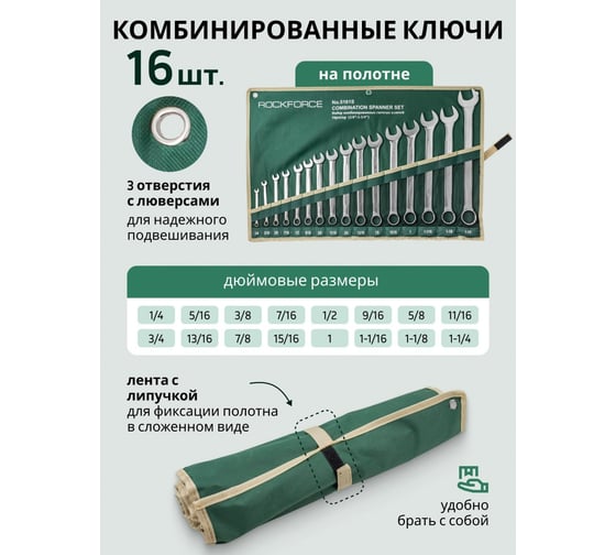 Набор комбинированных ключей Rockforce дюймовых 16 предметов на полотне RF-5161S(47125)