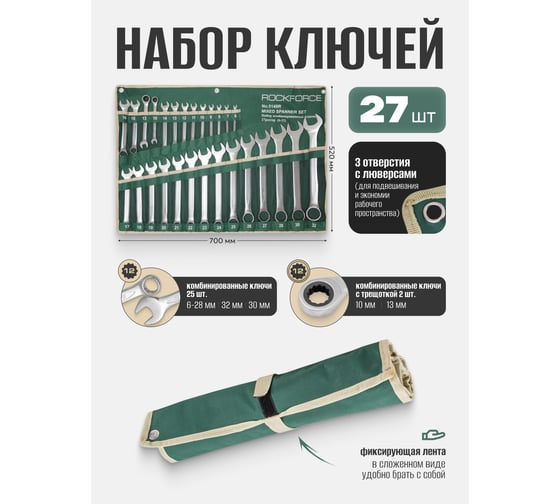 Набор комбинированных ключей Rockforce 27 предметов на полотне RF-5149R(46766)