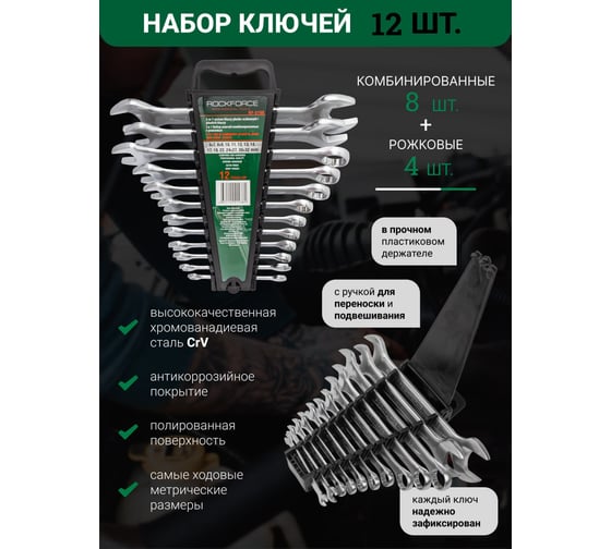 Набор комбинированных и рожковых ключей ROCKFORCE 12пр. RF-5198 47182