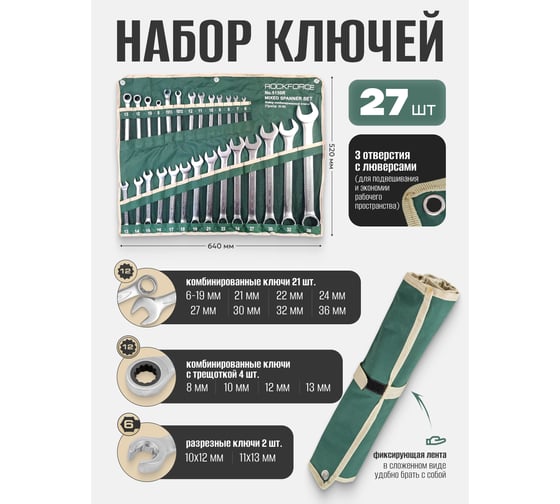 Набор ключей Rockforce комб. универсальный 27 пр., разрезные 2пр трещоточные 4пр на полотне RF-5150R(47124)