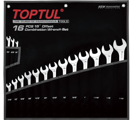 Набор ключей комбинированных дюймовых TOPTUL 1/4-1-1/4, 16 предметов на полотне GPBX1601