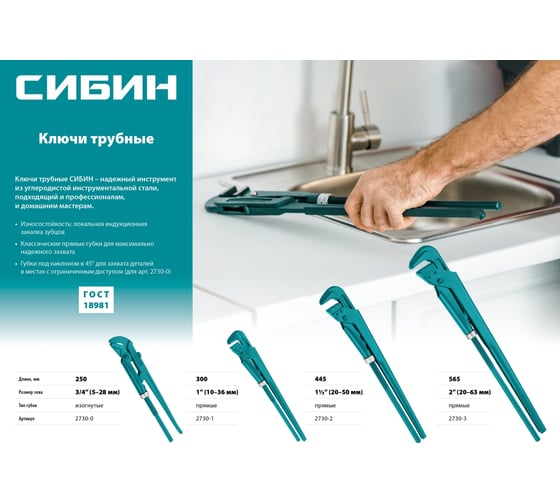Трубный ключ с прямыми губками СИБИН №1 2730-1